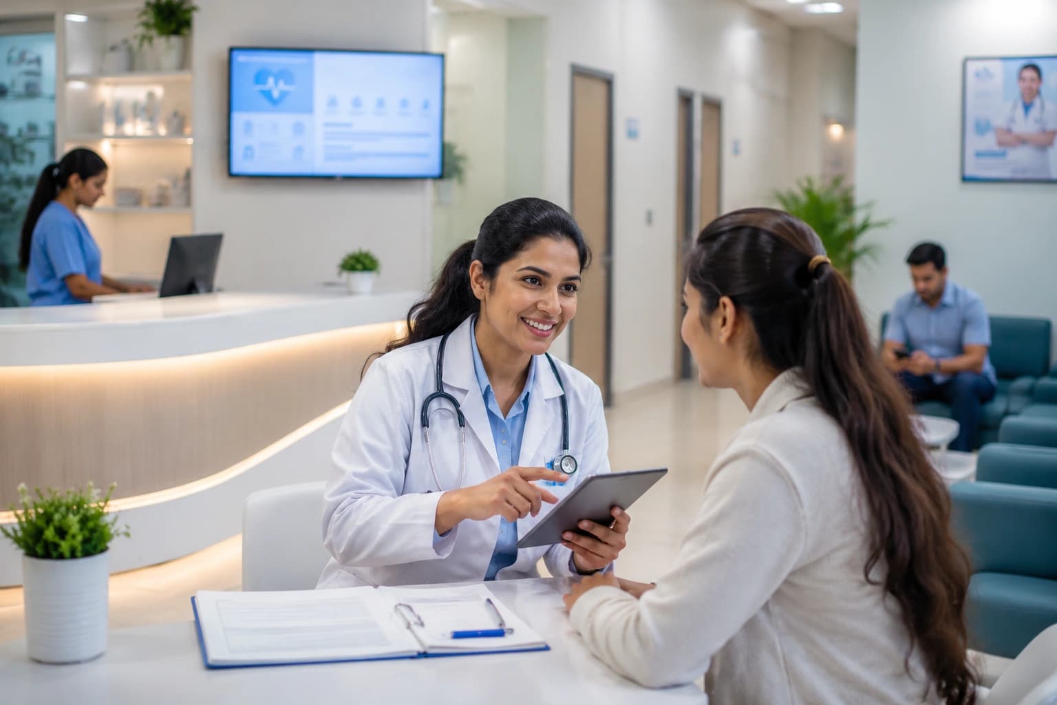 Modern clinic reception area with friendly staff